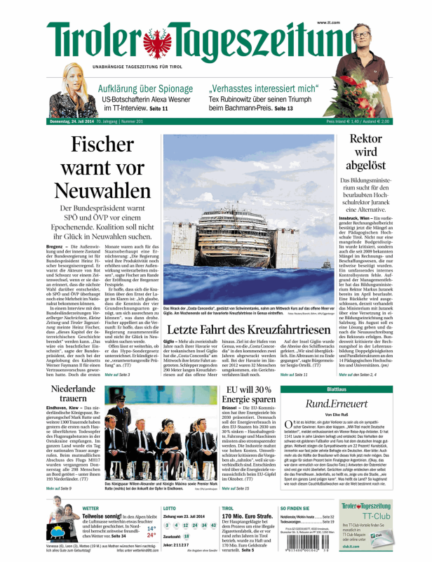 Titelseite der Tiroler Tageszeitung vom 24. Juli 2014.