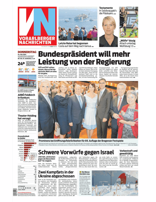 Eine Titelseite der Vorarlberger Nachrichten vom 24. Juli 2014.