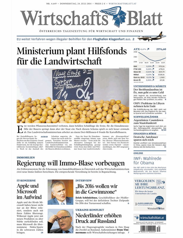 Titelseite des Wirtschaftsblatt vom 24. Juli 2014 mit Artikeln zu Wirtschaft und Finanzen.