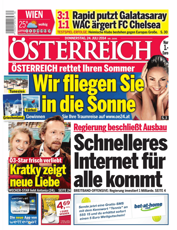Titelseite der Zeitung „Österreich“ vom 24. Juli 2014 mit verschiedenen Schlagzeilen.
