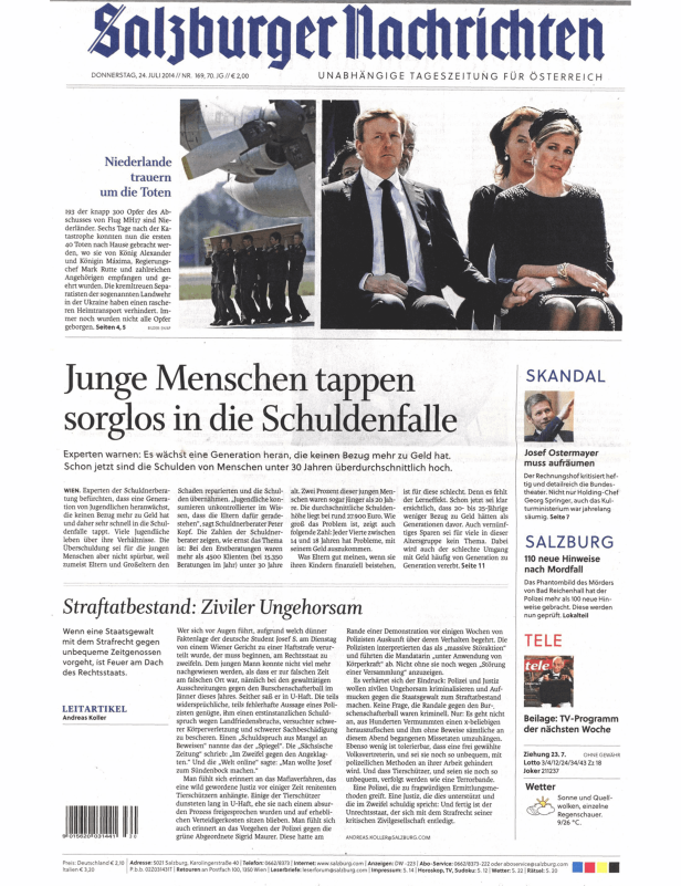 Titelseite der Salzburger Nachrichten vom 24. Juli 2014.