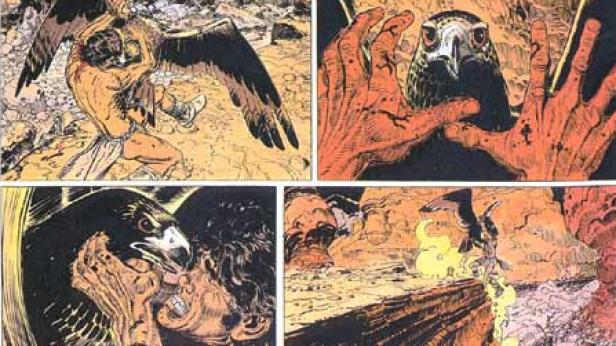 Ein Mann kämpft mit einem riesigen Adler in einer Comic-artigen Darstellung.