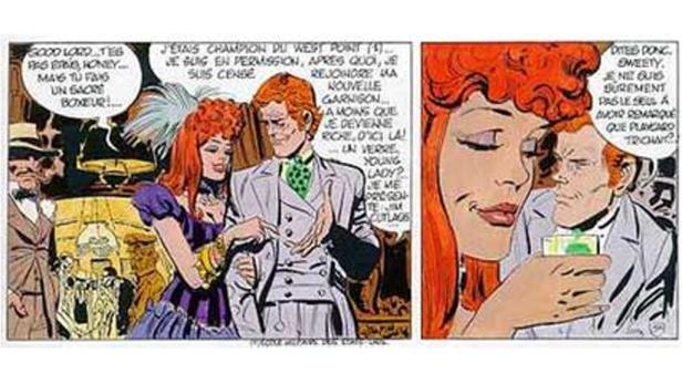 Zwei Comic-Panels zeigen eine rothaarige Frau und einen Mann in einem Gespräch.
