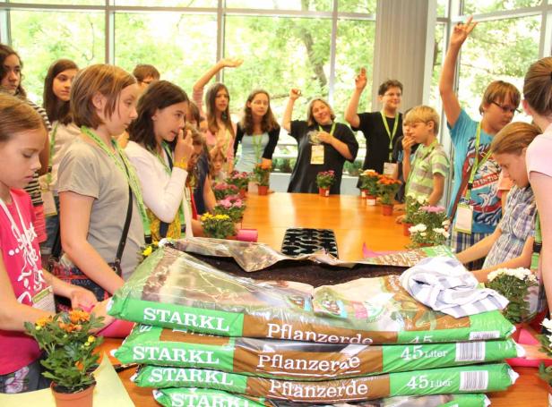 Eine Gruppe Kinder steht um einen Tisch mit Pflanzerde und Blumen, einige jubeln.