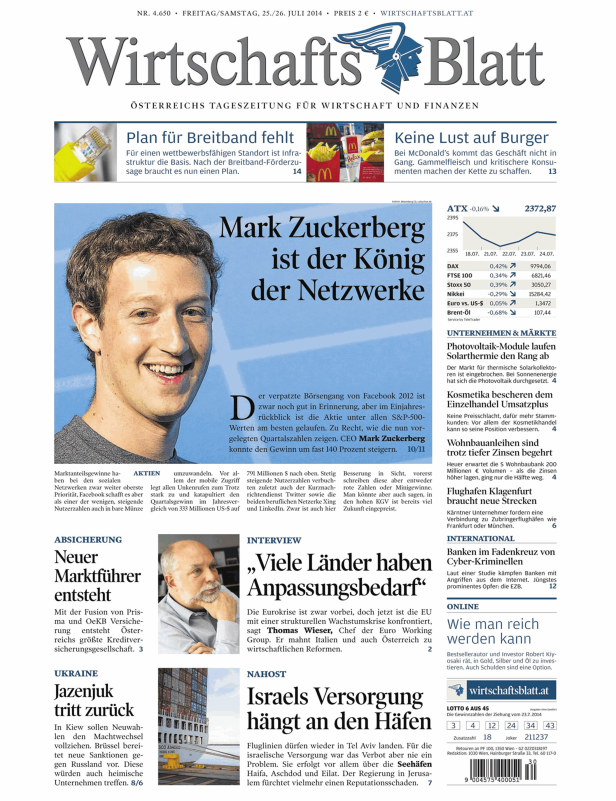 Titelseite des Wirtschaftsblatt mit einem Artikel über Mark Zuckerberg.