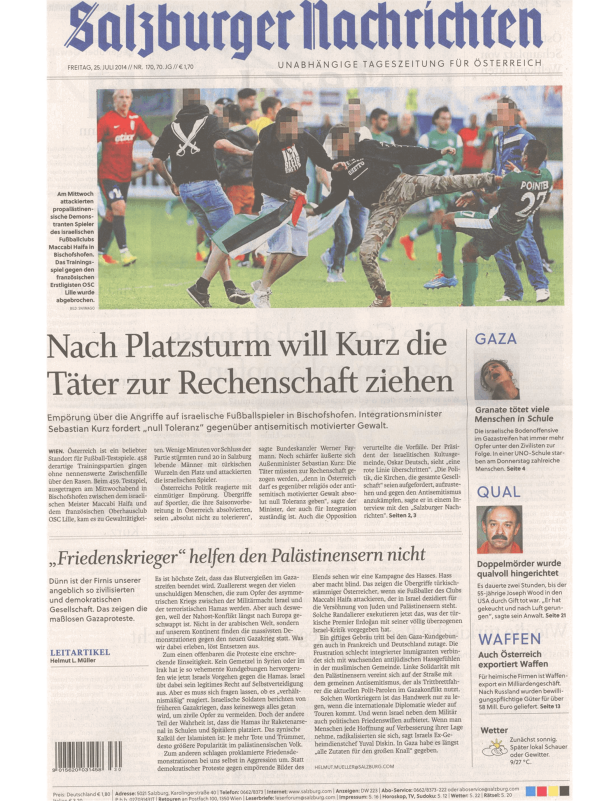 Titelseite der Salzburger Nachrichten vom 25. Juli 2014 über Ausschreitungen bei einem Fußballspiel.