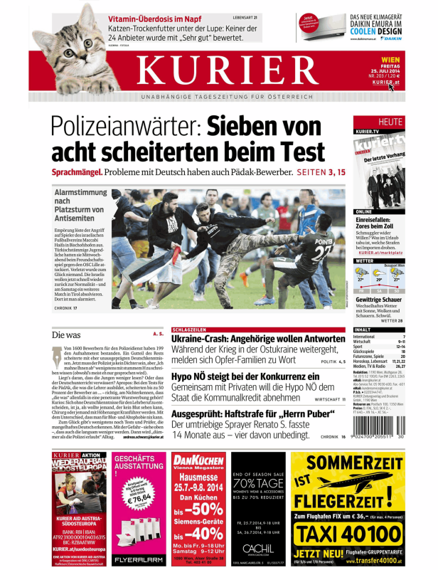 Titelseite des Kurier vom 25. Juli 2014 mit Nachrichten und Werbung.