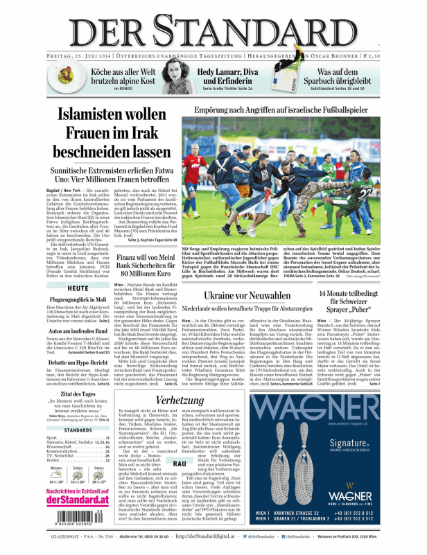 Titelseite der Zeitung „Der Standard“ vom 25. Juli 2014.
