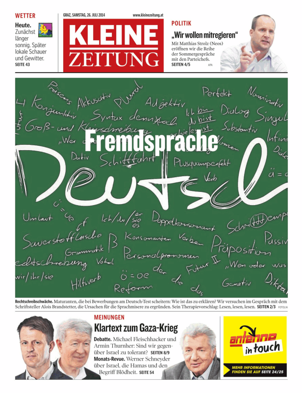 Titelseite der Kleinen Zeitung vom 26. Juli 2014 mit dem Thema Fremdsprache Deutsch.