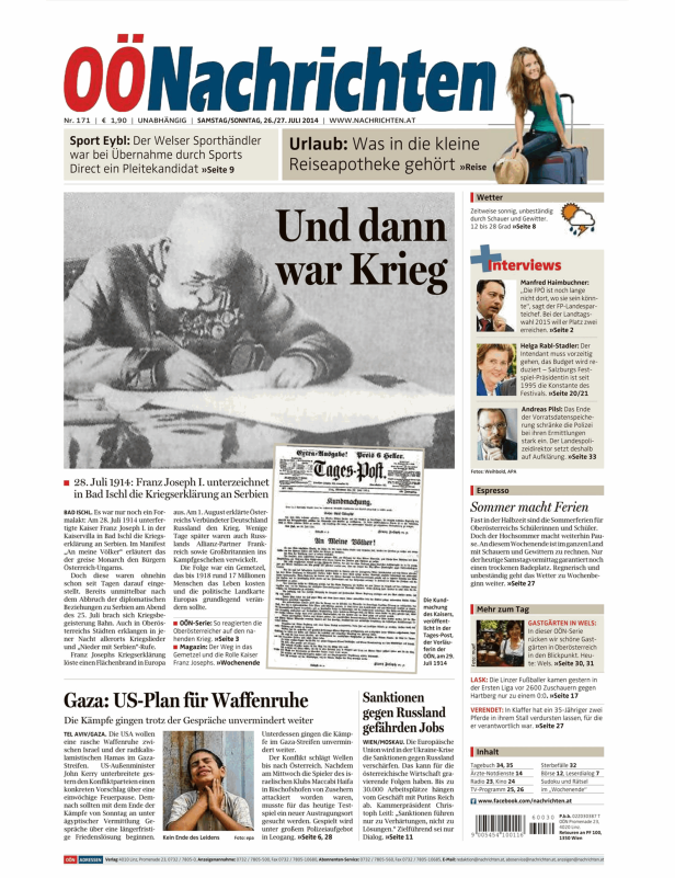 Titelseite der „OÖ Nachrichten“ vom 26./27. Juli 2014 mit dem Titel „Und dann war Krieg“.
