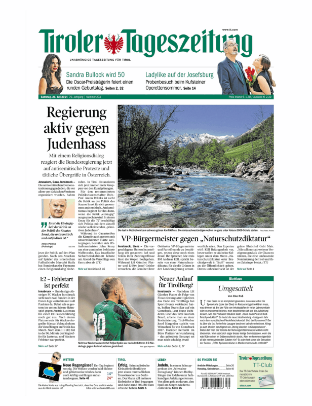 Titelseite der Tiroler Tageszeitung vom 26. Juli 2014.