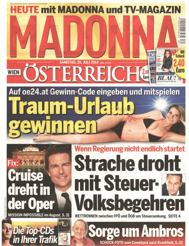Titelseite der Zeitung „Madonna“ vom 26. Juli 2014 mit Artikeln über Madonna, Tom Cruise und Heinz-Christian Strache.