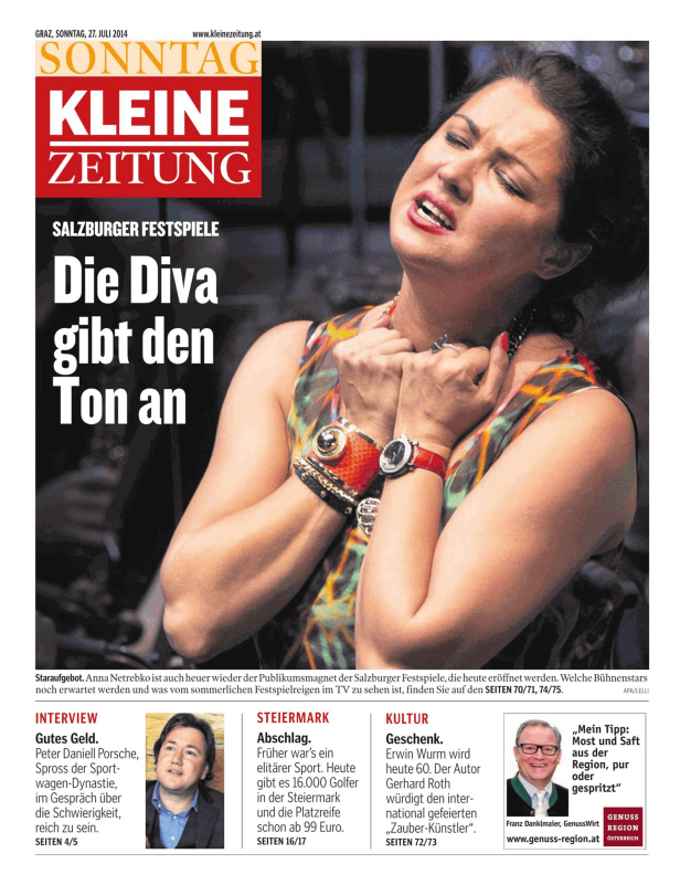 Titelseite der „Kleinen Zeitung“ vom 27. Juli 2014 mit einem Bild von Anna Netrebko bei den Salzburger Festspielen.