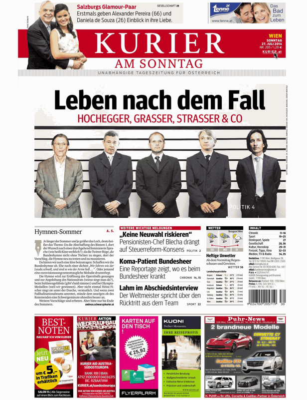 Titelseite des Kurier am Sonntag mit Artikeln über Politik und Gesellschaft.