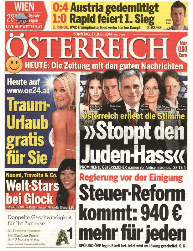 Die Titelseite der Zeitung „Österreich“ vom 27. Juli 2014 mit Schlagzeilen zu Politik, Sport und Prominenten.