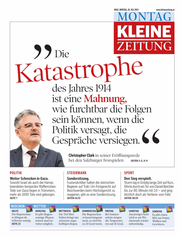 Titelseite der Kleinen Zeitung vom 28. Juli 2014 mit einem Zitat von Christopher Clark.