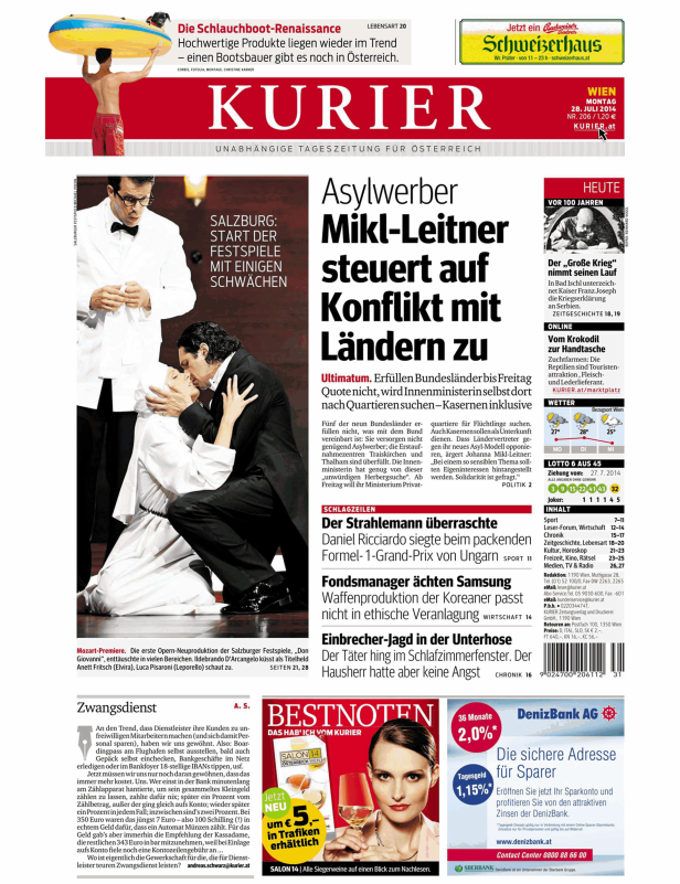 Titelseite der Zeitung Kurier vom 28. Juli 2014.
