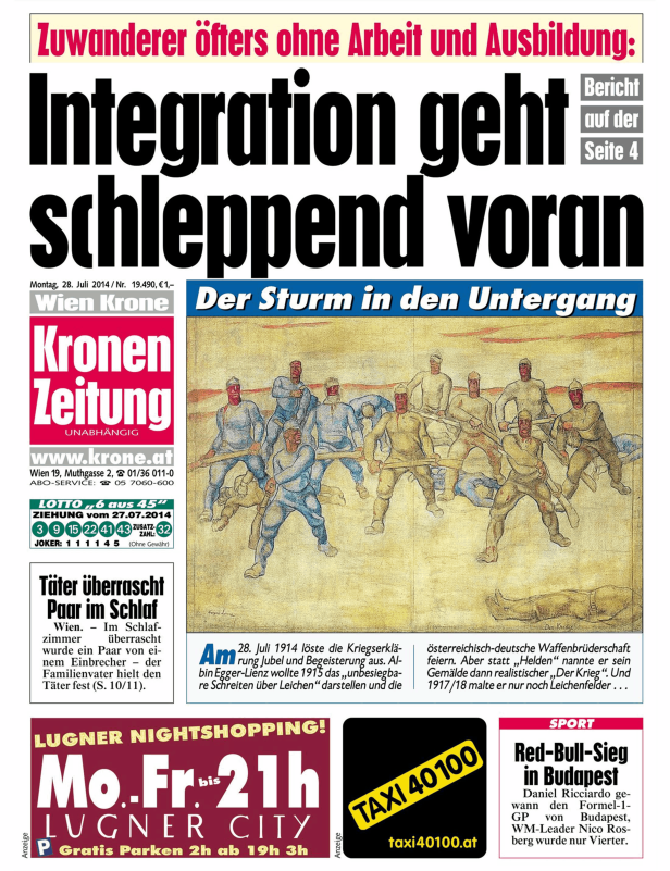 Das Gemälde „Der Krieg“ von Albin Egger-Lienz zeigt Soldaten im Ersten Weltkrieg.
