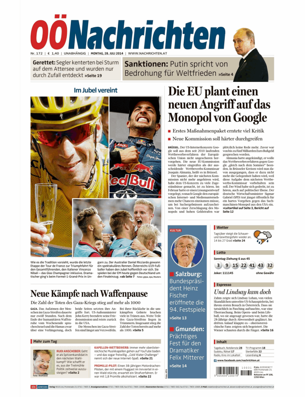 Titelseite der OÖNachrichten vom 28. Juli 2014 mit Bildern zu Sport, Politik und Kultur.
