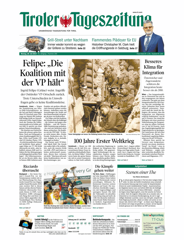Titelseite der Tiroler Tageszeitung vom 28. Juli 2014.
