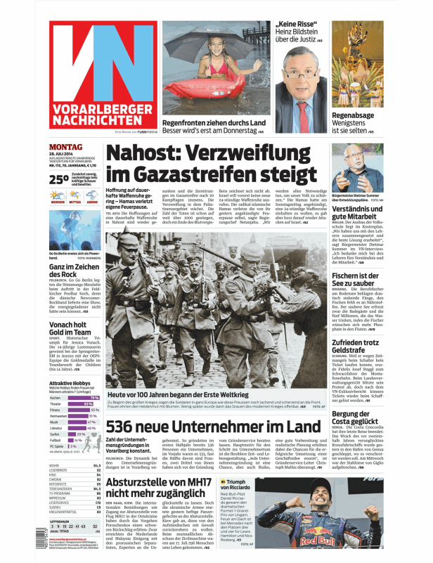 Titelseite der Vorarlberger Nachrichten vom 28. Juli 2014 mit verschiedenen Artikeln.