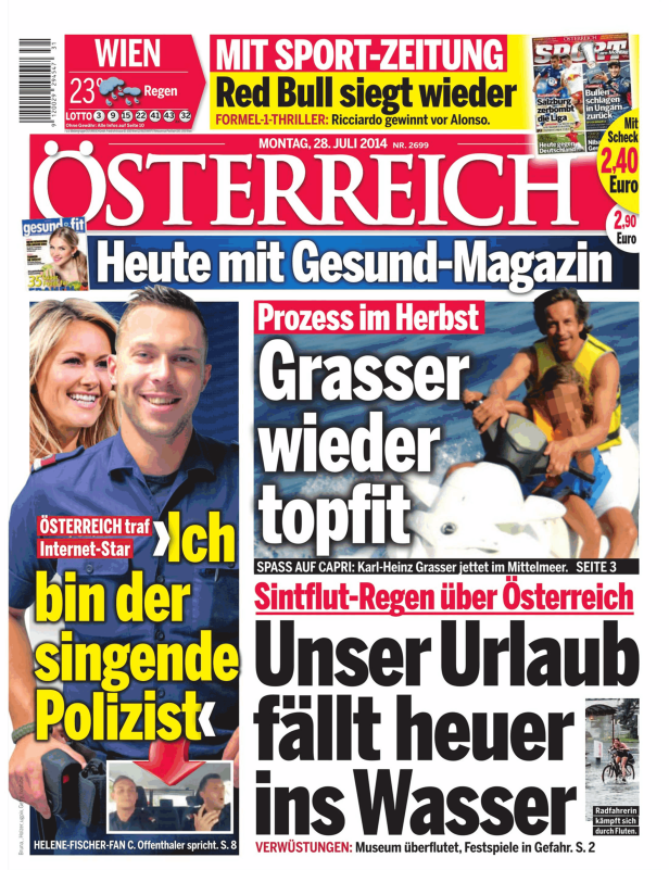 Titelseite der Zeitung „Österreich“ vom 28. Juli 2014 mit verschiedenen Schlagzeilen.