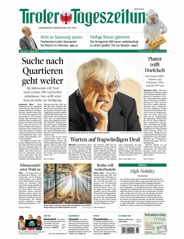 Titelseite der Tiroler Tageszeitung mit einem Artikel über Bernie Ecclestone.