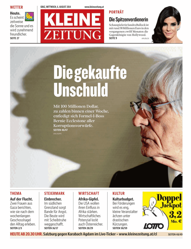 Titelseite der Kleinen Zeitung vom 6. August 2014 mit einem Artikel über Bernie Ecclestone.