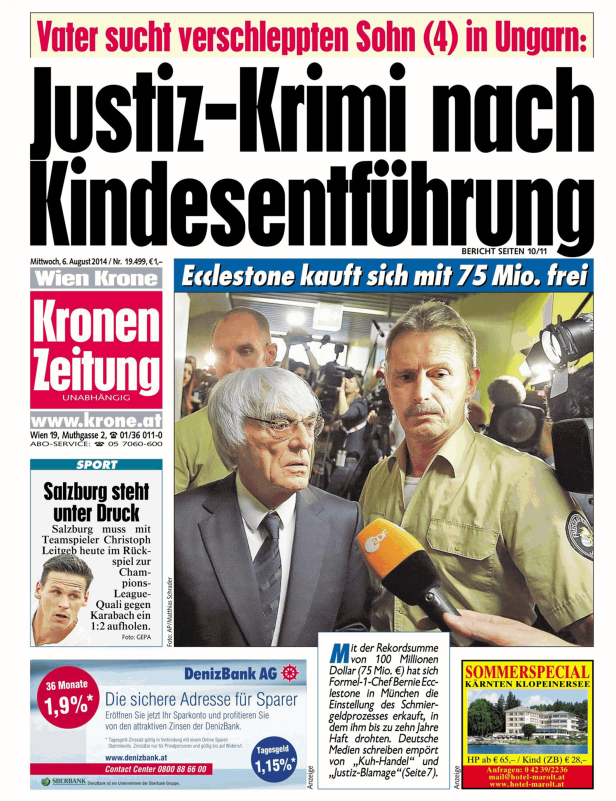Titelseite der Kronen Zeitung vom 6. August 2014 mit Schlagzeilen zu Kindesentführung und Bernie Ecclestone.