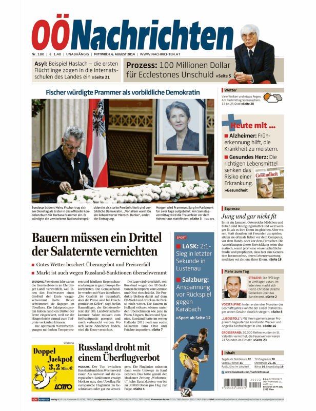 Titelseite der OÖNachrichten vom 6. August 2014 mit Artikeln zu Asyl, Barbara Prammer und Russland-Sanktionen.