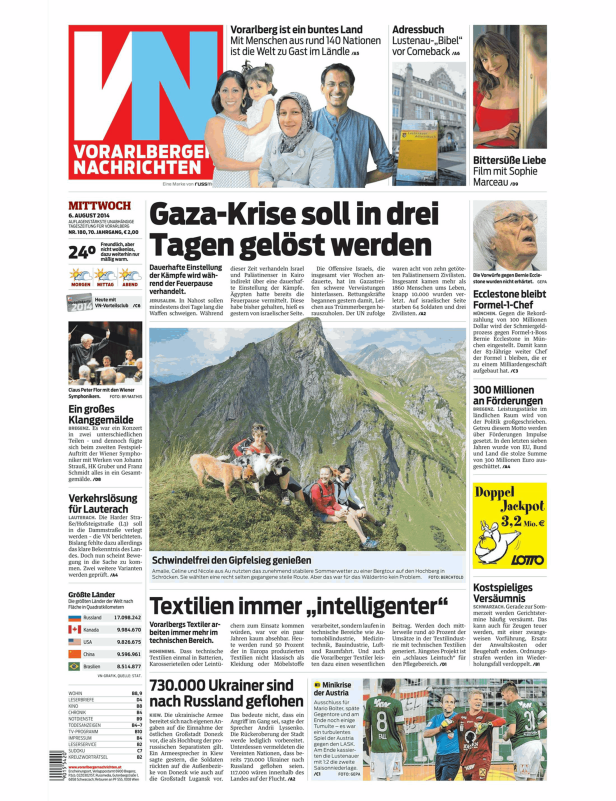 Titelseite der Vorarlberger Nachrichten vom 6. August 2014.