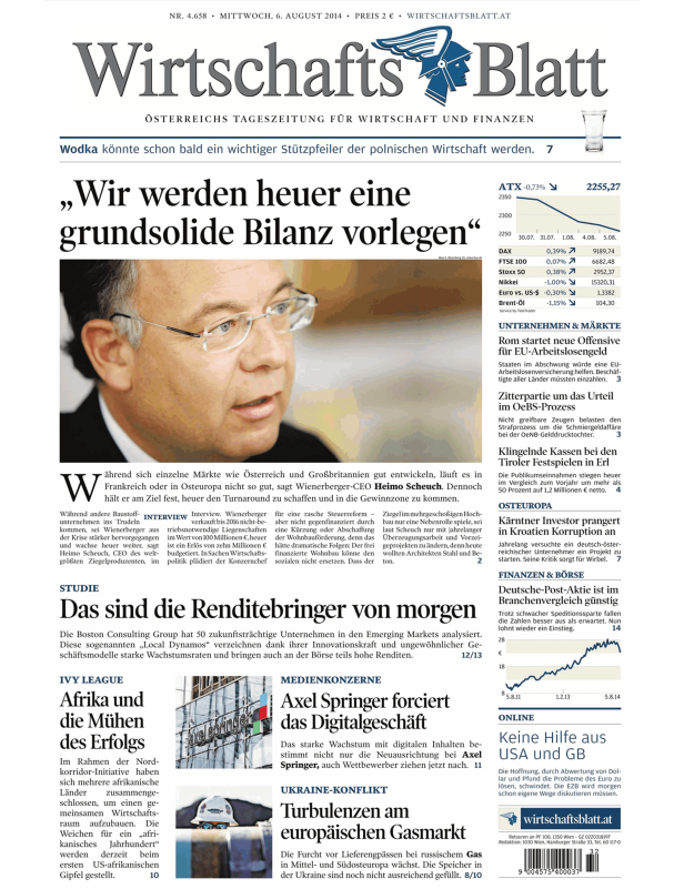 Titelseite des Wirtschaftsblatt vom 6. August 2014.