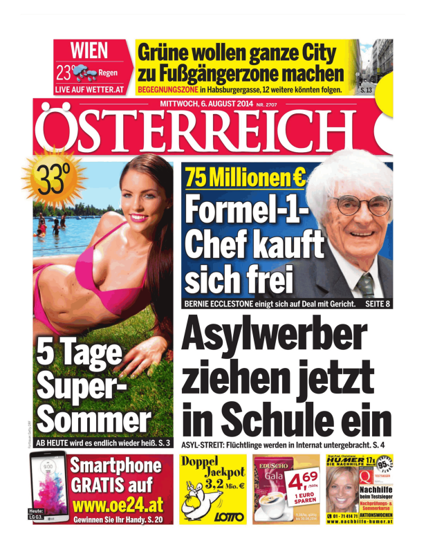 Titelseite der Zeitung „Österreich“ vom 6. August 2014 mit Meldungen zu Sommer, Politik und Wirtschaft.