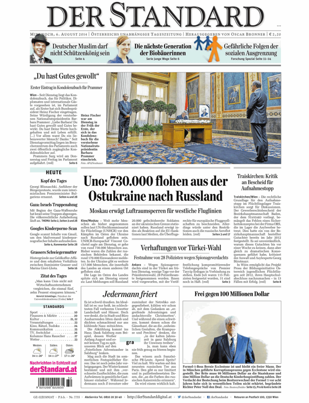 Titelseite der Zeitung „Der Standard“ vom 6. August 2014.