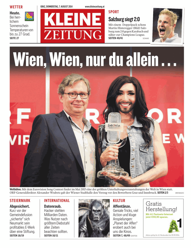 Alexander Wrabetz und Conchita Wurst mit der Trophäe des Eurovision Song Contest.