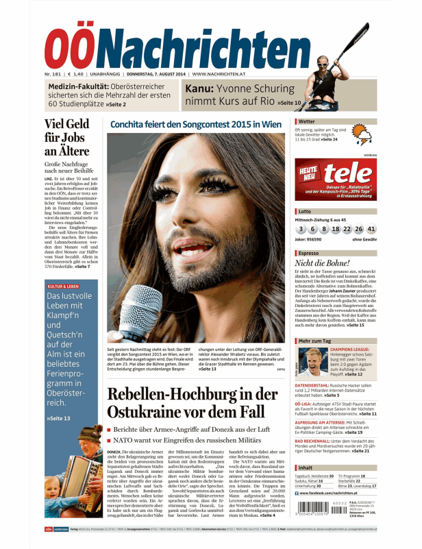 Titelseite der OÖ Nachrichten vom 7. August 2014 mit Conchita Wurst im Artikel über den Songcontest 2015.