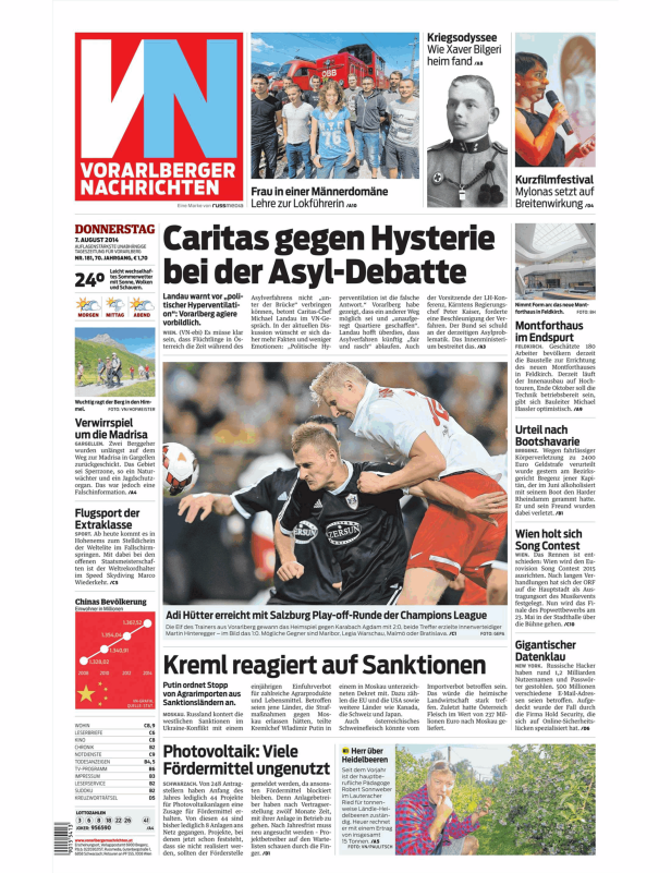 Titelseite der Vorarlberger Nachrichten vom 7. August 2014.