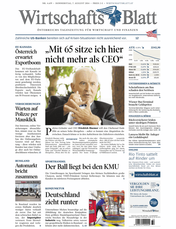 Titelseite des WirtschaftsBlatt vom 7. August 2014 mit einem Artikel über Friedrich Huemer.