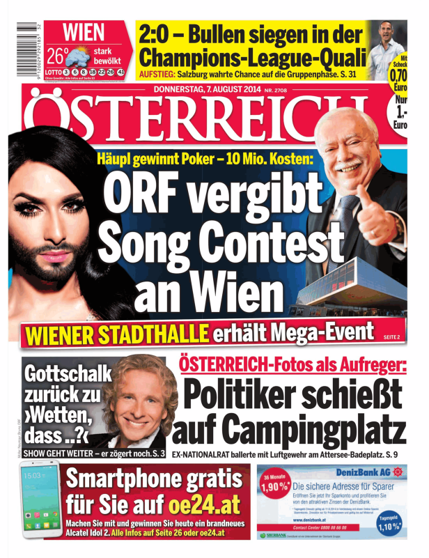 Titelseite der Zeitung „Österreich“ vom 7. August 2014 mit Meldungen zu Song Contest, Champions League und Politikern.