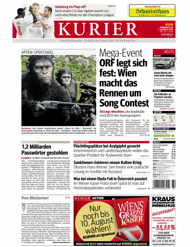 Titelseite des Kurier vom 7. August 2014 mit Artikeln über Sport, Politik und Kultur.
