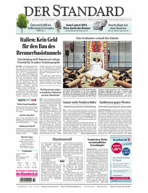 Titelseite der Zeitung „Der Standard“ vom 7. August 2014.