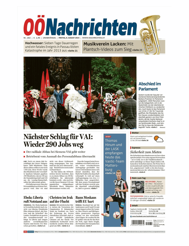 Titelseite der OÖNachrichten vom 8. August 2014 mit Artikeln zu verschiedenen Themen.