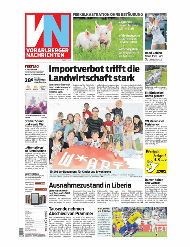 Titelseite der Vorarlberger Nachrichten vom 8. August 2014.