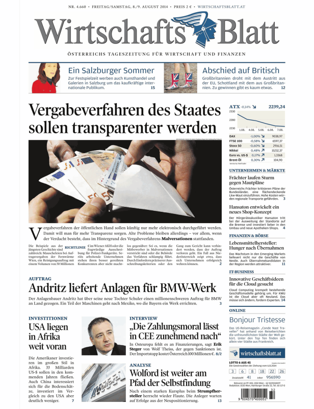 Eine Hand hält Euroscheine vor dem Hintergrund der Überschrift „Vergabeverfahren des Staates sollen transparenter werden“.