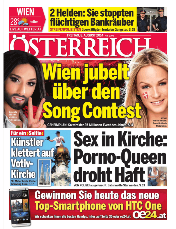 Titelseite der Zeitung „Österreich“ vom 8. August 2014 mit Conchita Wurst und Mirjam Weichselbraun.
