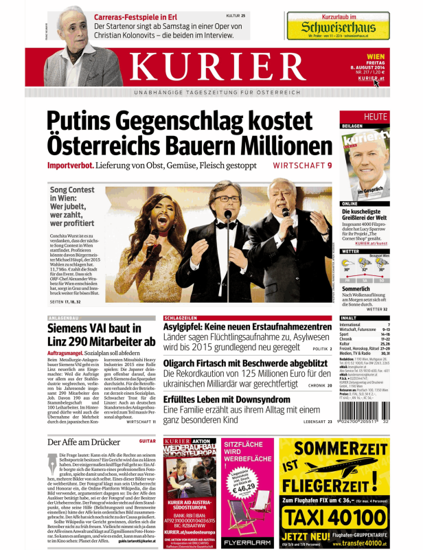 Titelseite der österreichischen Tageszeitung „Kurier“ vom 8. August 2014.