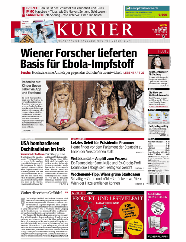 Titelseite des Kurier vom 9. August 2014 mit Artikeln zu Ebola, Irak und Barbara Prammer.
