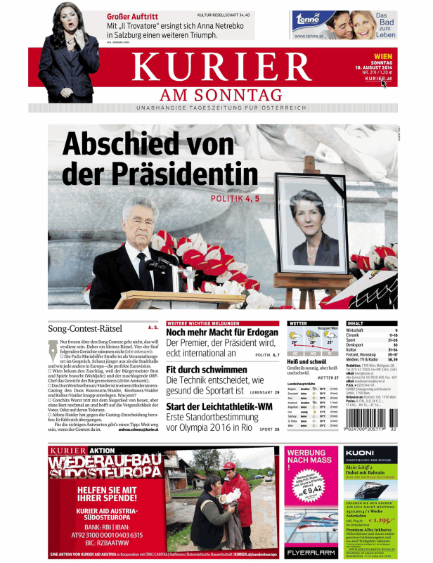 Titelseite des „Kurier am Sonntag“ vom 10. August 2014 mit den Hauptthemen Abschied der Präsidentin und Song-Contest-Rätsel.