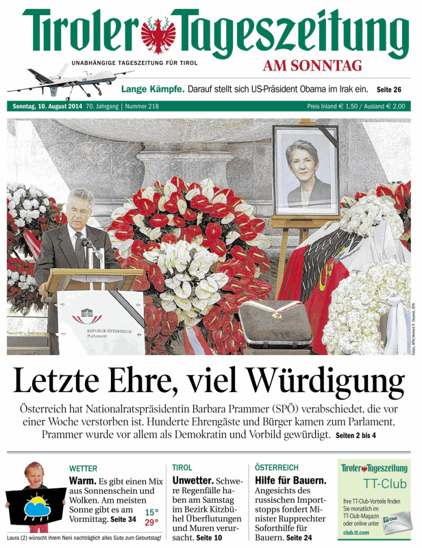 Titelseite der Tiroler Tageszeitung vom 10. August 2014 mit einem Bericht über die Trauerfeier für Barbara Prammer.
