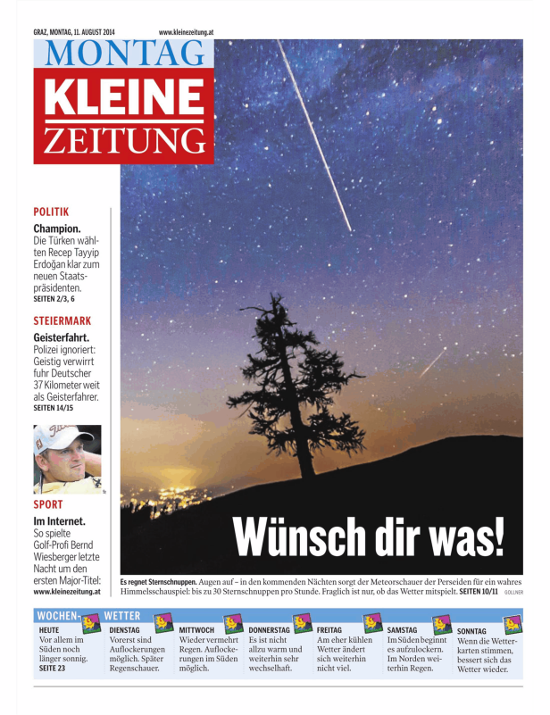 Nachtaufnahme mit Sternschnuppen über einer Baum-Silhouette; Titelseite der Kleinen Zeitung.